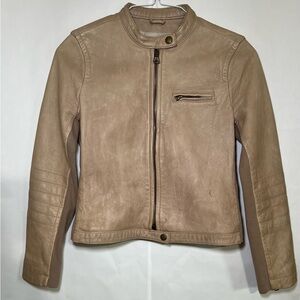 J. Crew Tan Leather Cafe Racer Jacket W/ Stretch Paneling Women’s Size 4